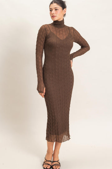 Brown Ribbed Mesh Knit Midi Dress