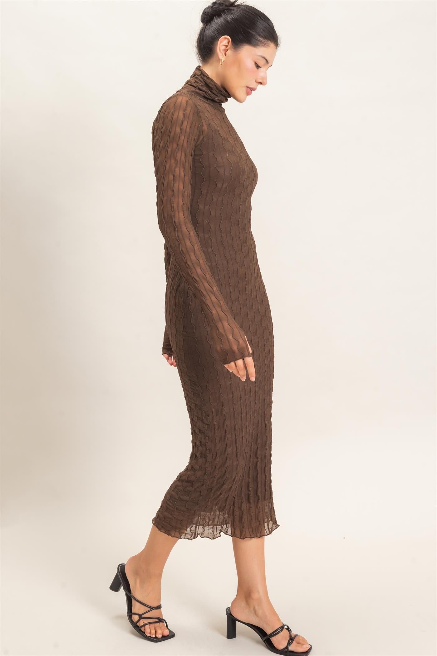Brown Ribbed Mesh Knit Midi Dress