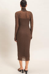 Brown Ribbed Mesh Knit Midi Dress