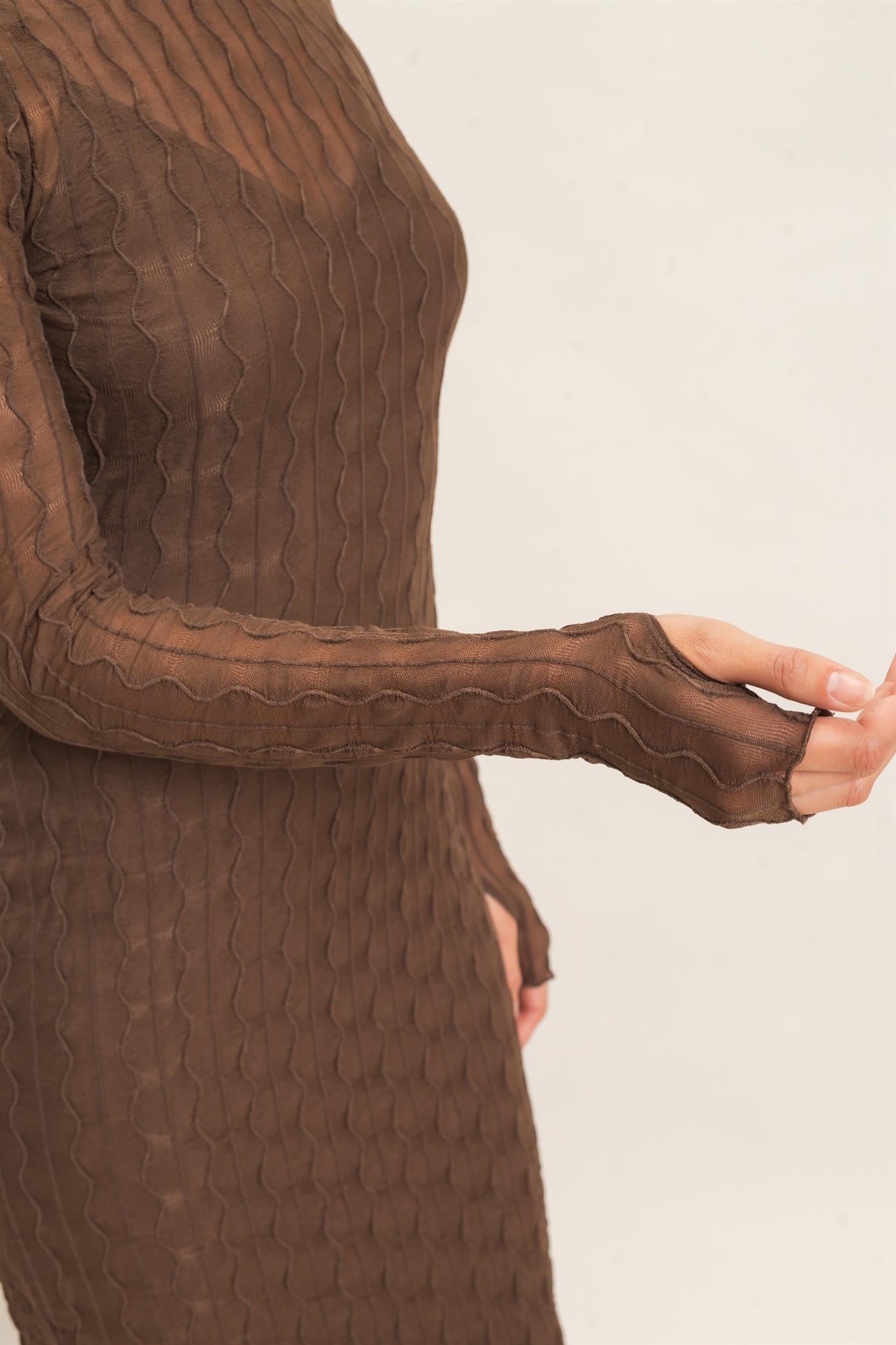 Brown Ribbed Mesh Knit Midi Dress