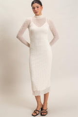 Cream Ribbed Mesh Knit Midi Dress