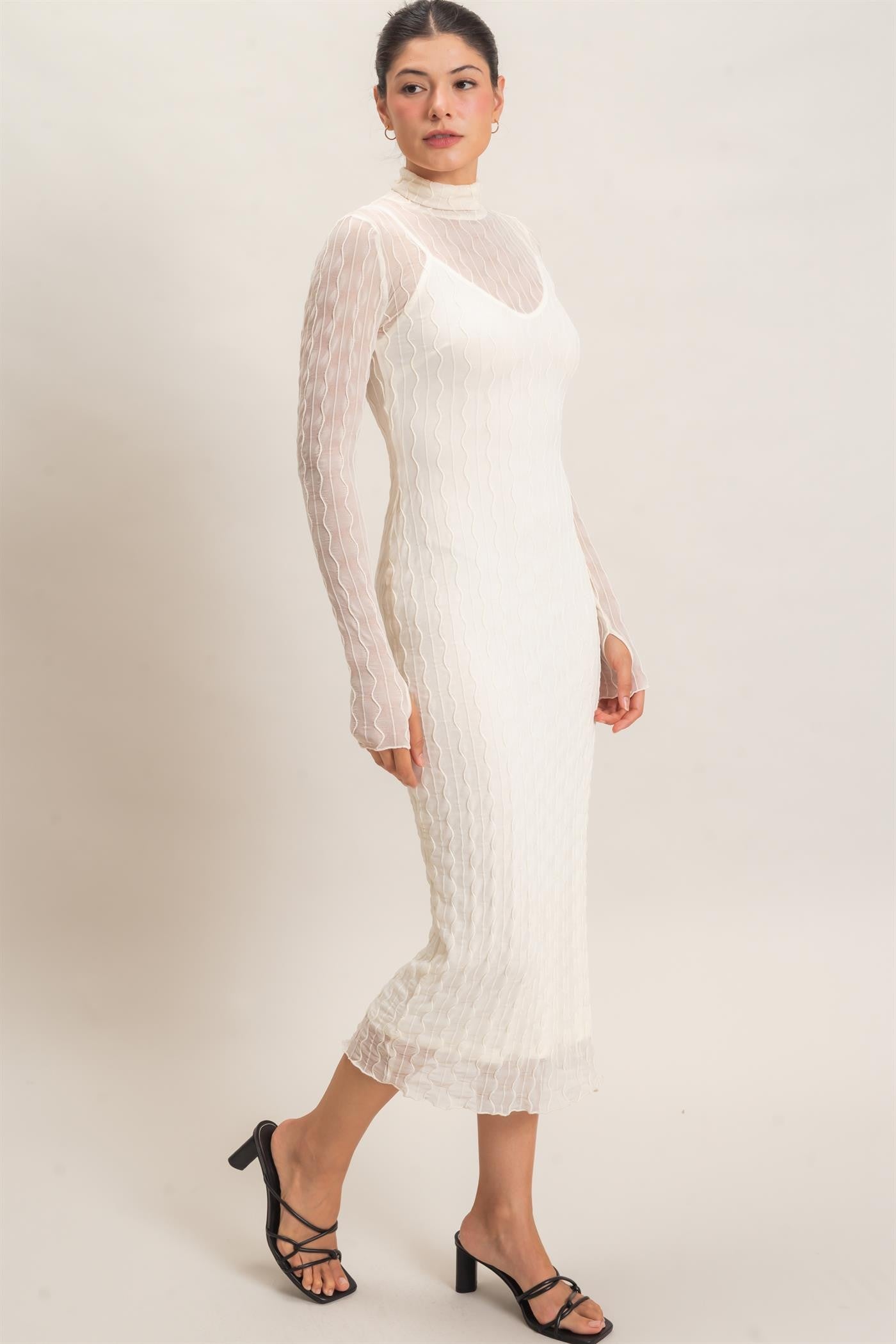 Cream Ribbed Mesh Knit Midi Dress