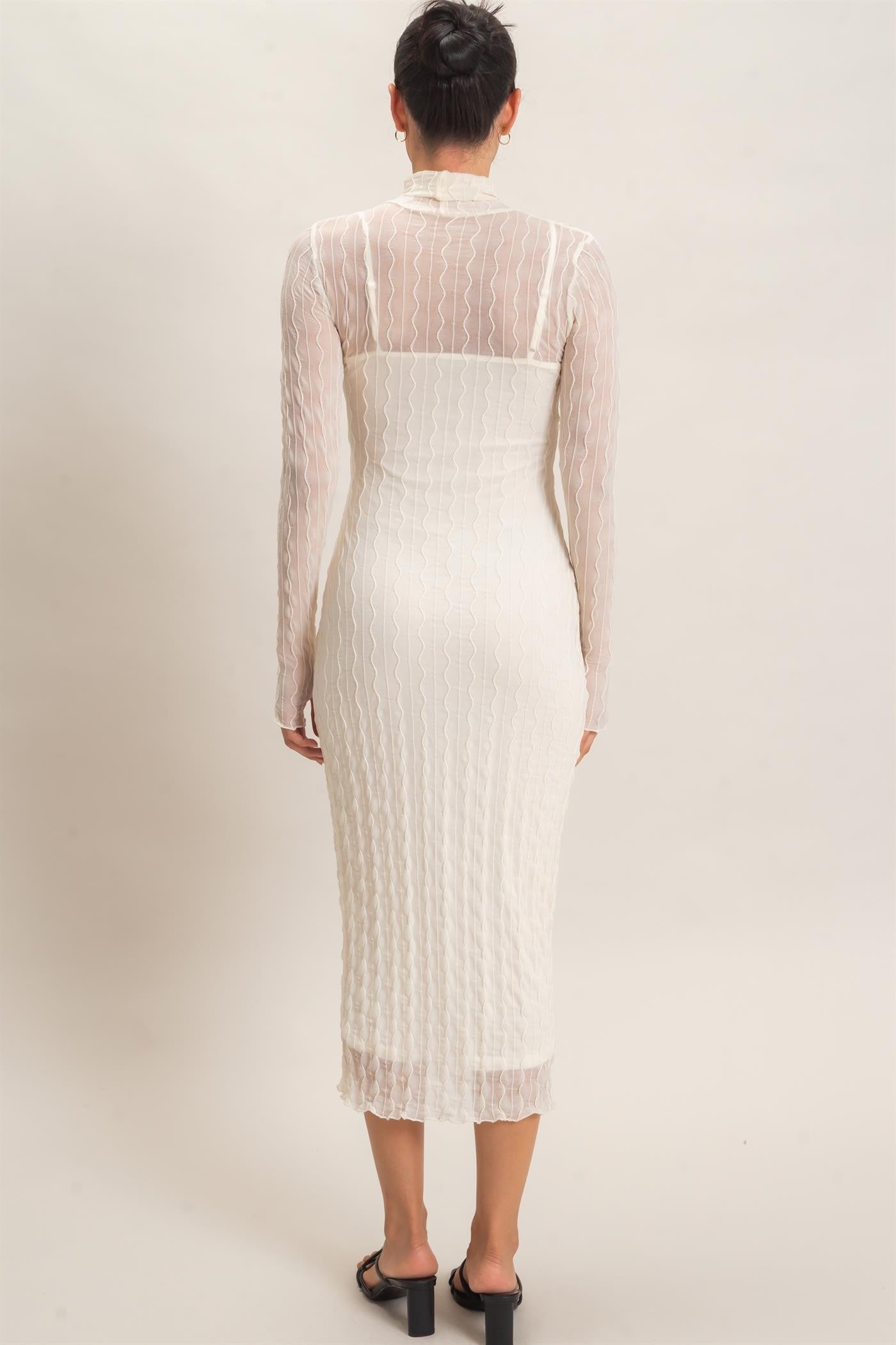 Cream Ribbed Mesh Knit Midi Dress