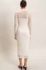 Cream Ribbed Mesh Knit Midi Dress