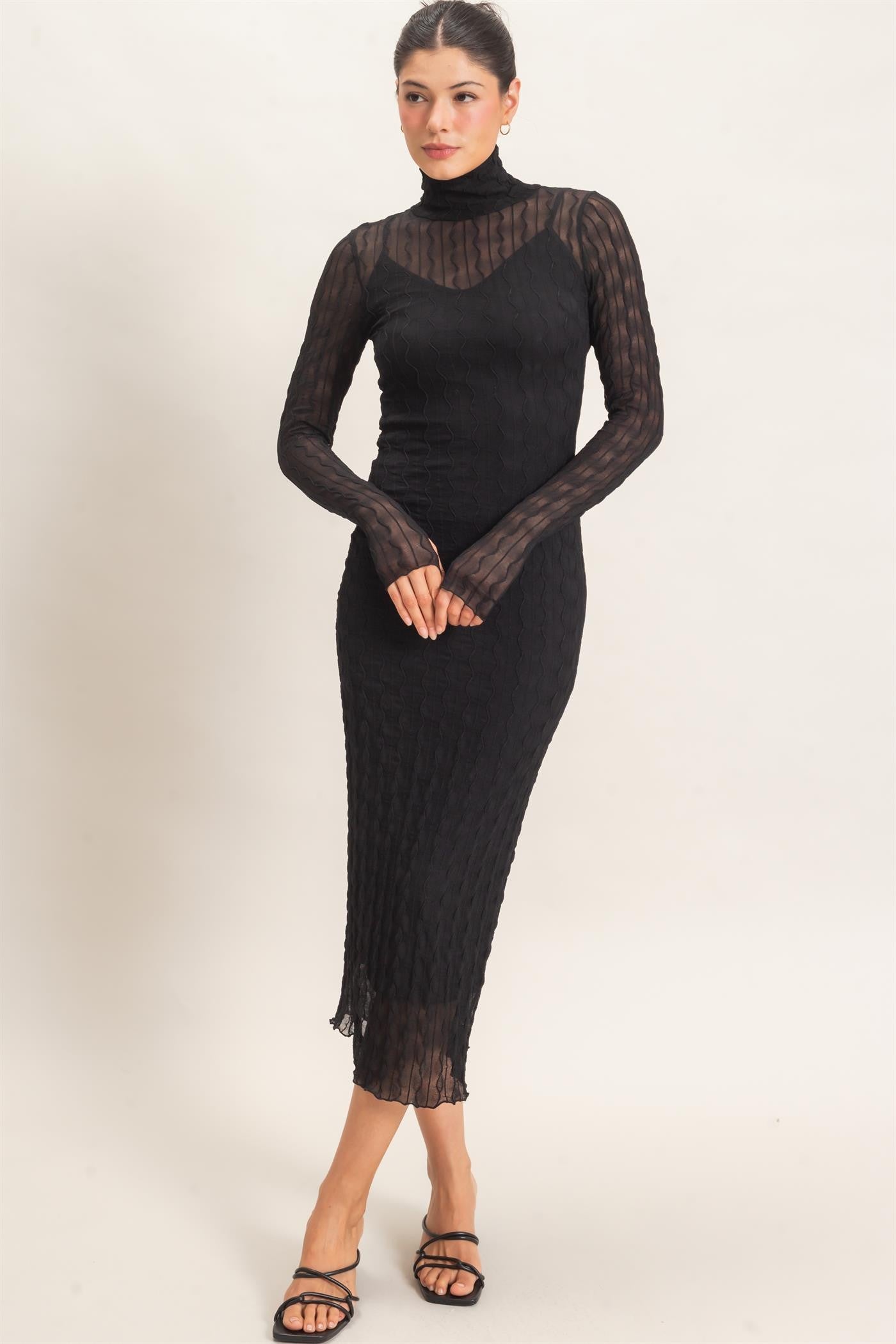 Black Ribbed Mesh Knit Midi Dress