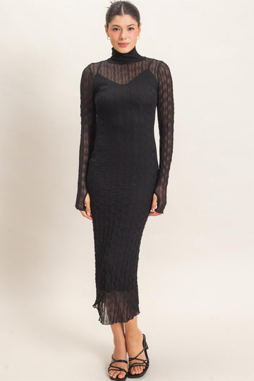 Black Ribbed Mesh Knit Midi Dress