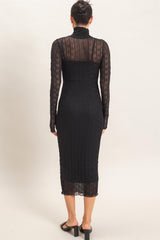 Black Ribbed Mesh Knit Midi Dress