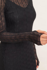 Black Ribbed Mesh Knit Midi Dress