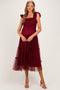 Burgundy Smocked Polka Dot Tulle Maternity Midi Dress