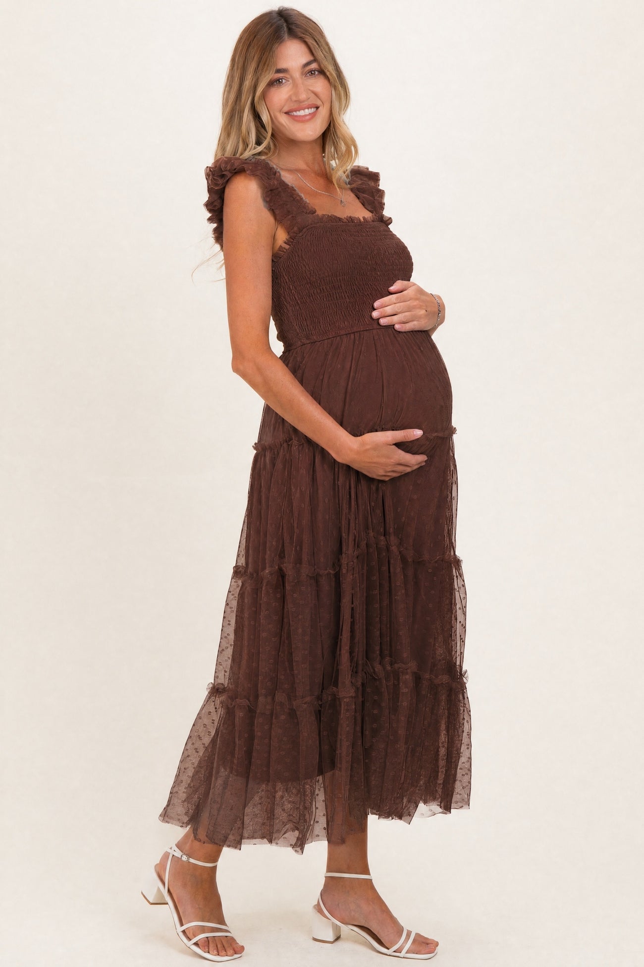 Brown Smocked Polka Dot Tulle Maternity Midi Dress