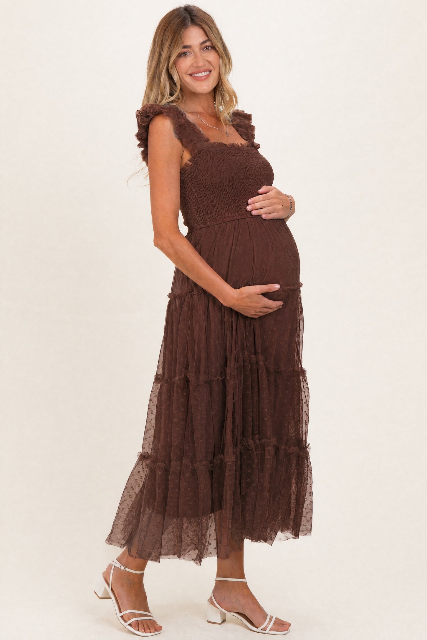 Brown Smocked Polka Dot Tulle Maternity Midi Dress