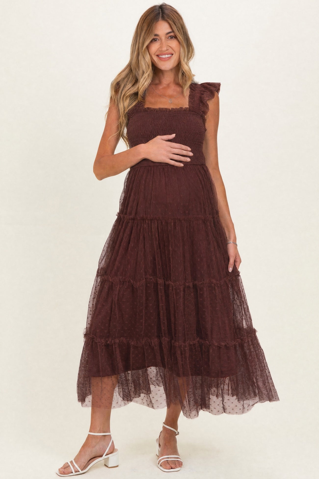 Brown Smocked Polka Dot Tulle Maternity Midi Dress