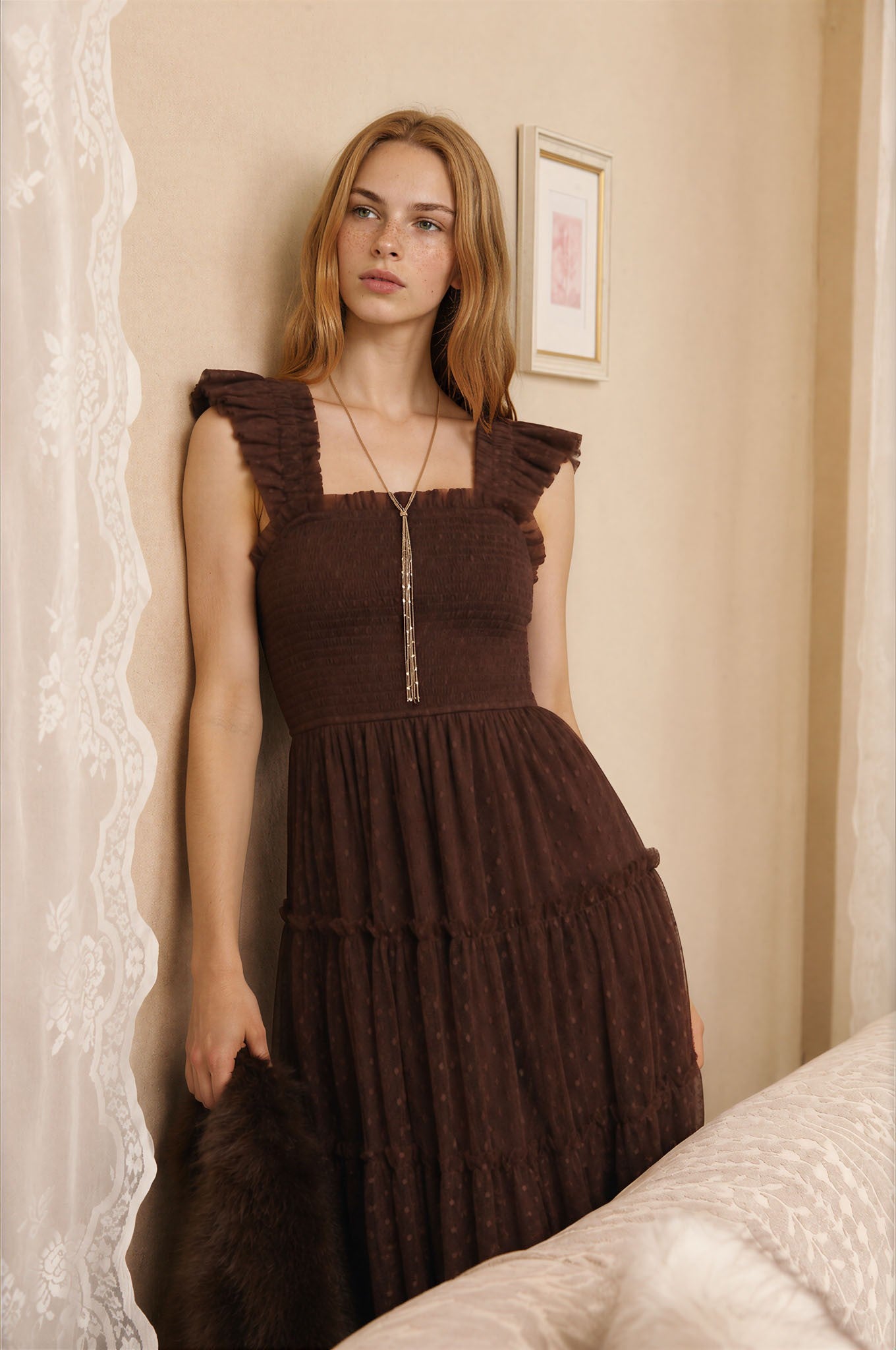 Brown Smocked Polka Dot Tulle Midi Dress