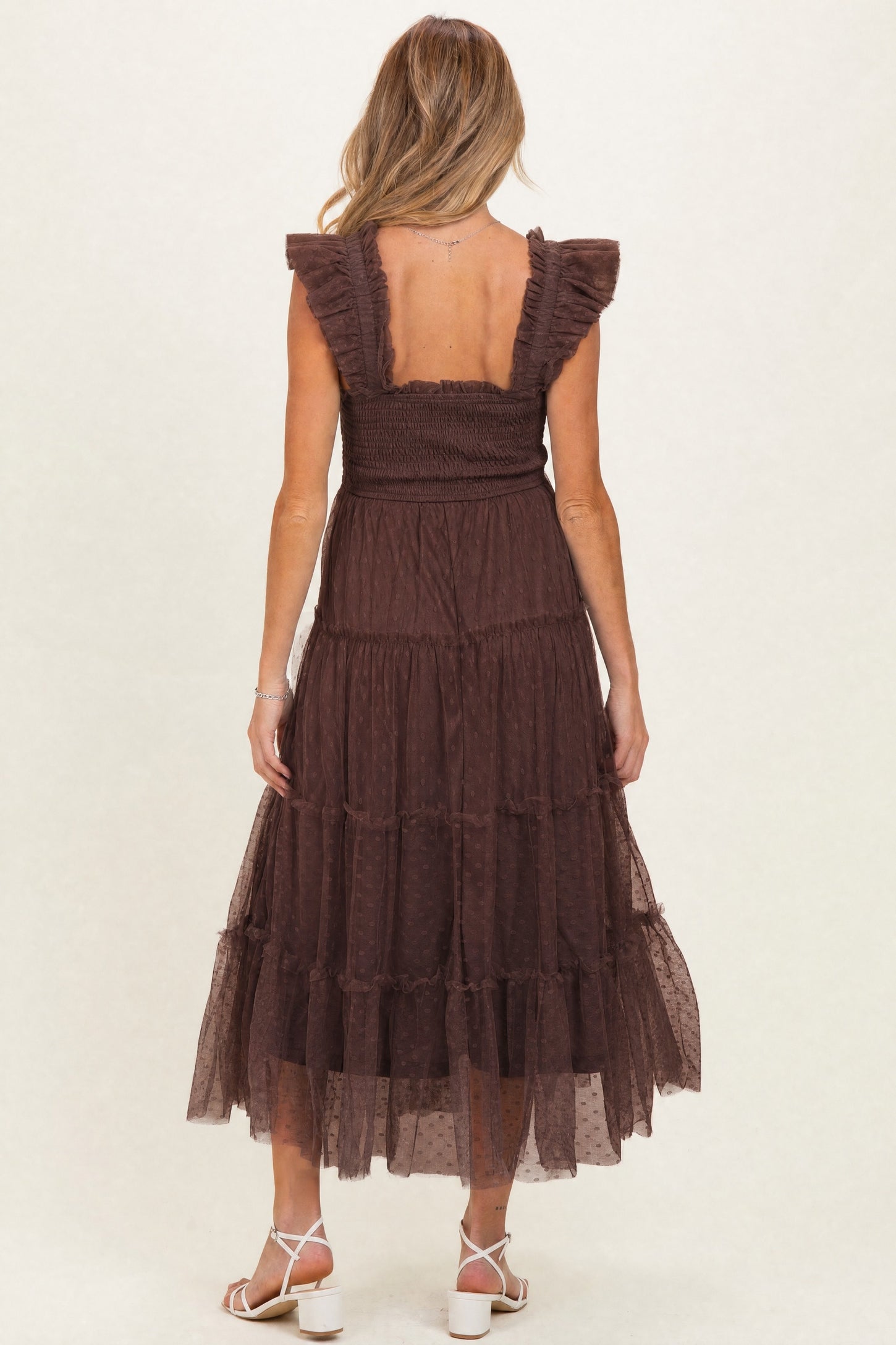 Brown Smocked Polka Dot Tulle Maternity Midi Dress
