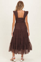 Brown Smocked Polka Dot Tulle Maternity Midi Dress