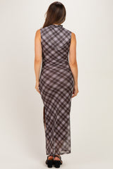 Brown Plaid Mesh Mock Neck Ruched Maternity Dress