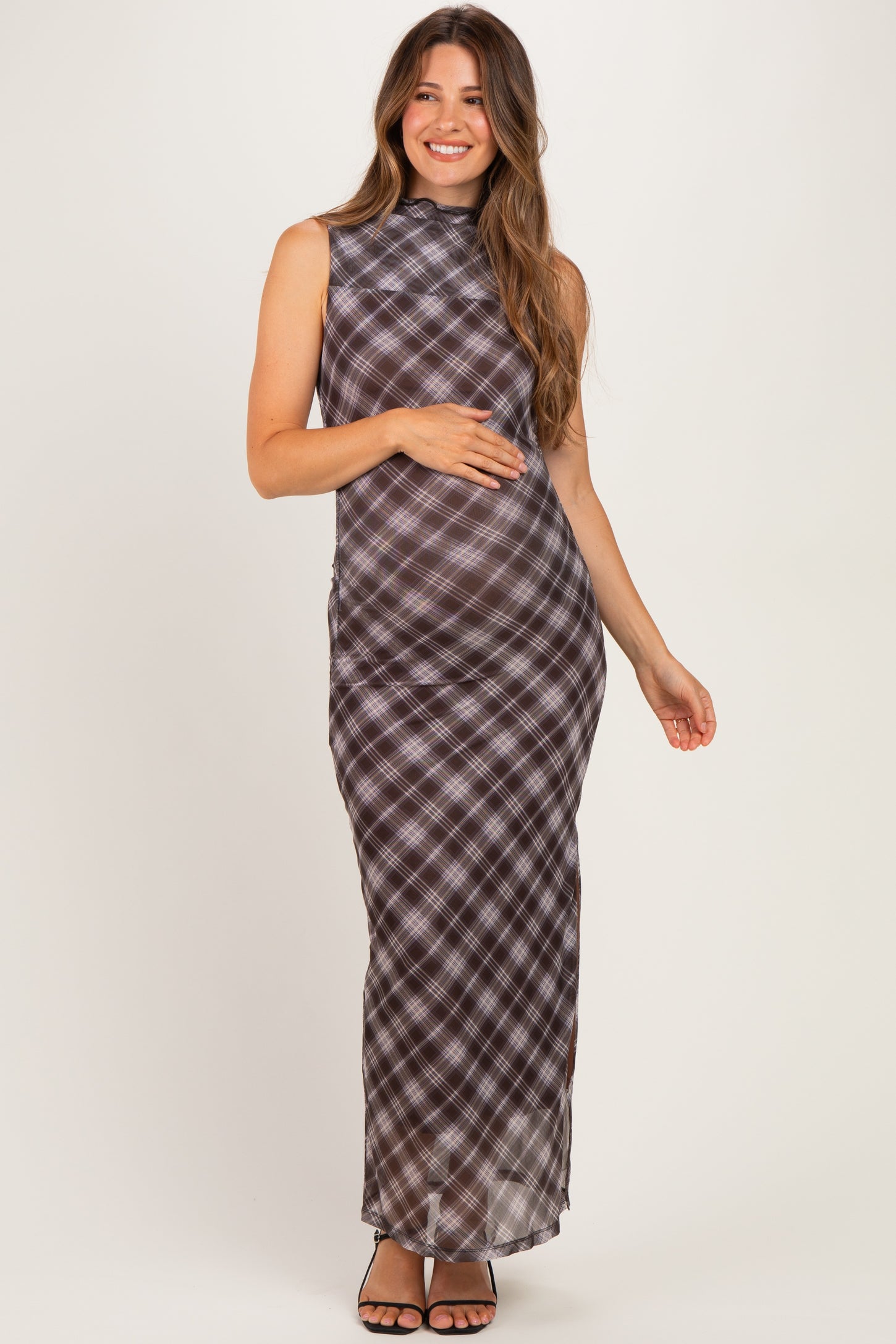 Brown Plaid Mesh Mock Neck Ruched Maternity Dress