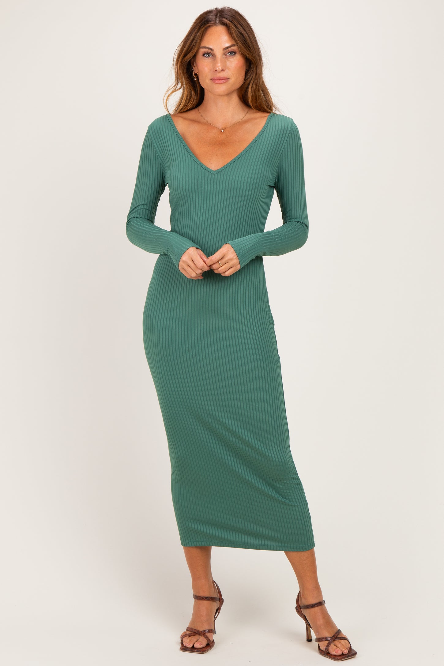 Emerald V-Neck Long Sleeve Fitted Maxi Dress