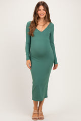 Emerald V-Neck Long Sleeve Fitted Maternity Maxi Dress