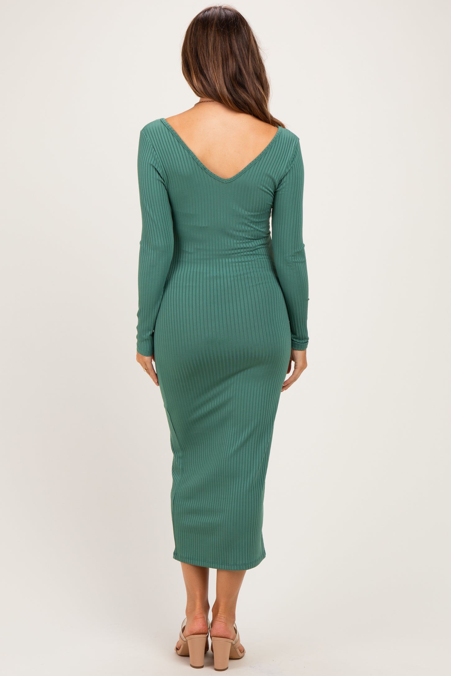 Emerald V-Neck Long Sleeve Fitted Maternity Maxi Dress