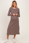 Brown Striped Crew Neck Long Sleeve Maternity Midi Dress