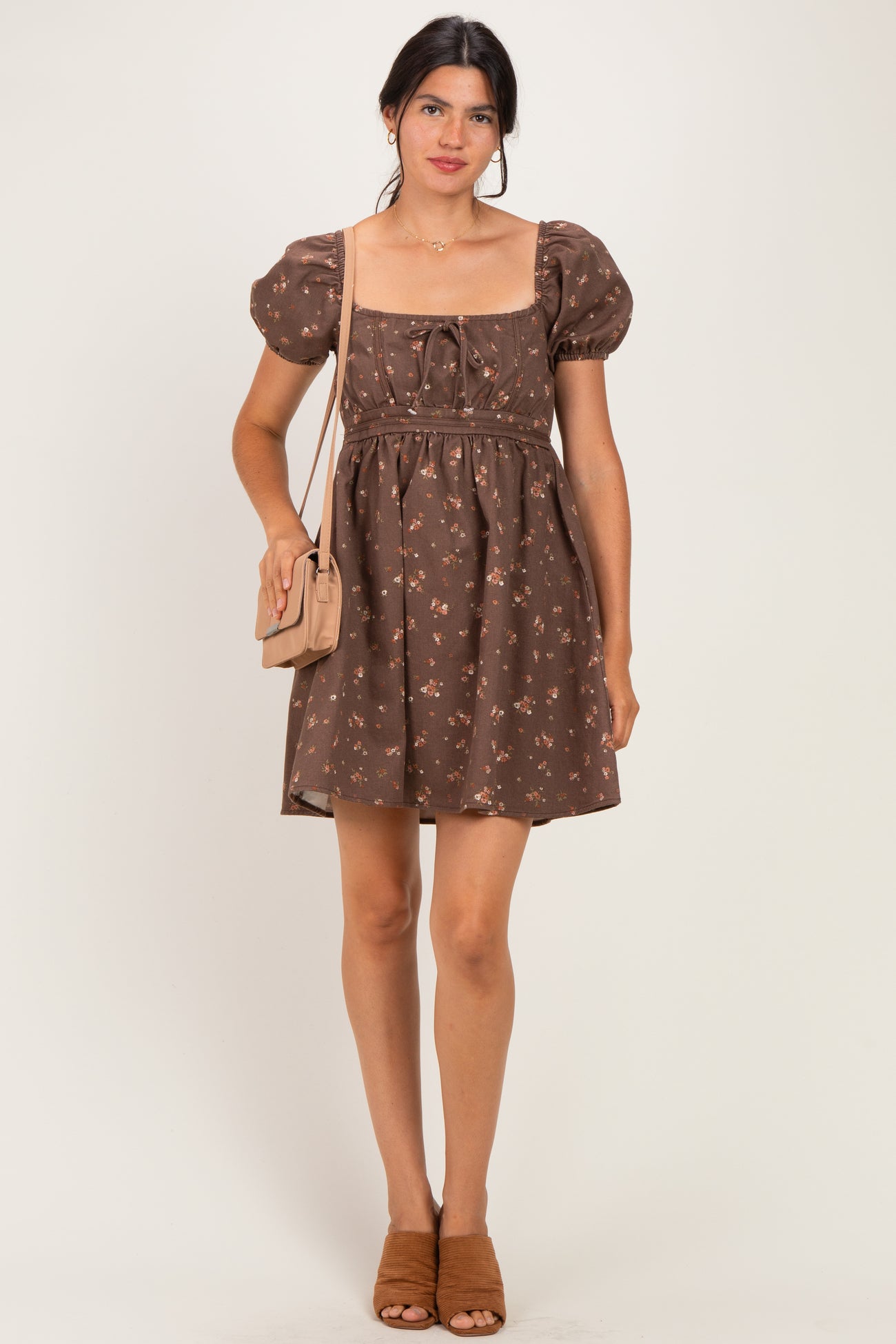Brown Floral Puff Sleeve Square Neck Mini Dress