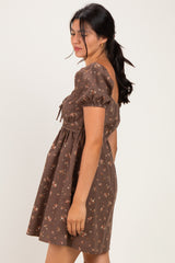 Brown Floral Puff Sleeve Square Neck Mini Dress