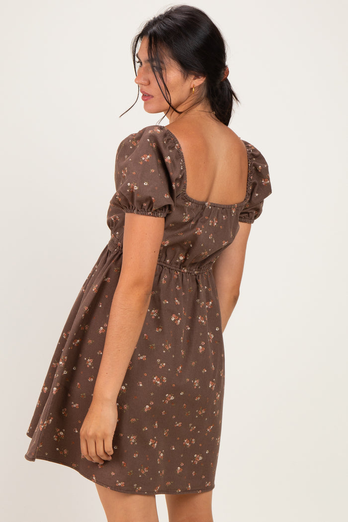 Brown Floral Puff Sleeve Square Neck Mini Dress