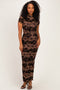 Mocha Floral Mesh Short Sleeve Midi Dress