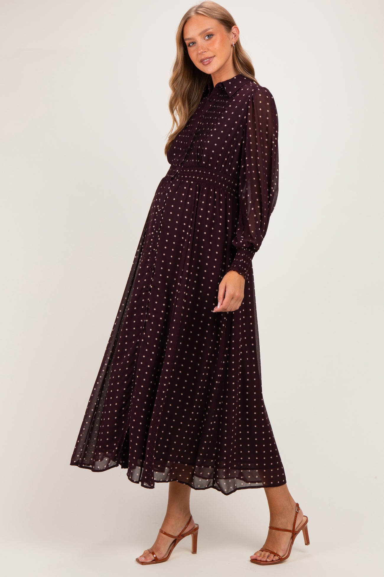 Burnt Mocha Polka Dot Chiffon Button Down Maternity Maxi Dress