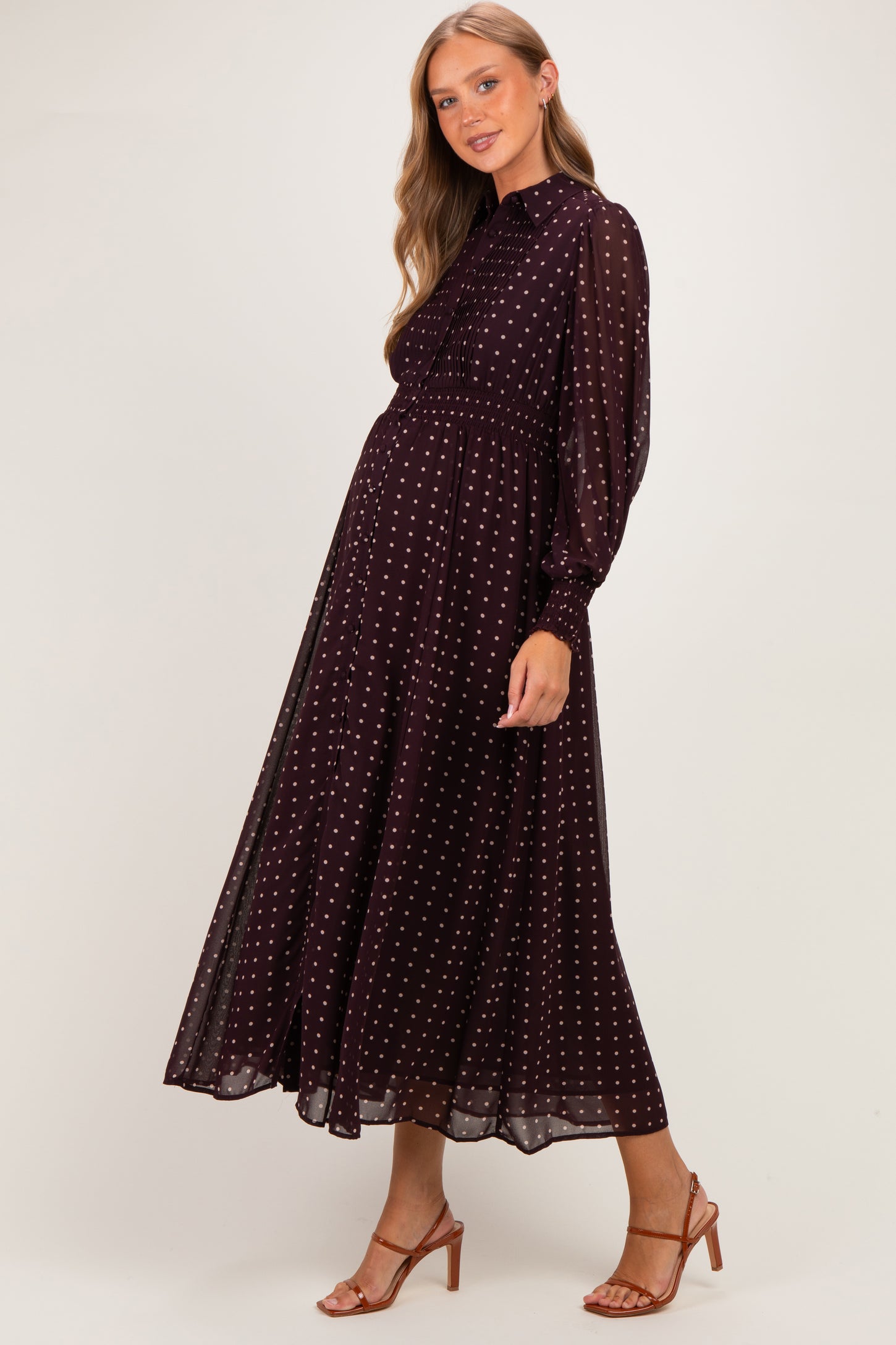 Burnt Mocha Polka Dot Chiffon Button Down Maternity Maxi Dress