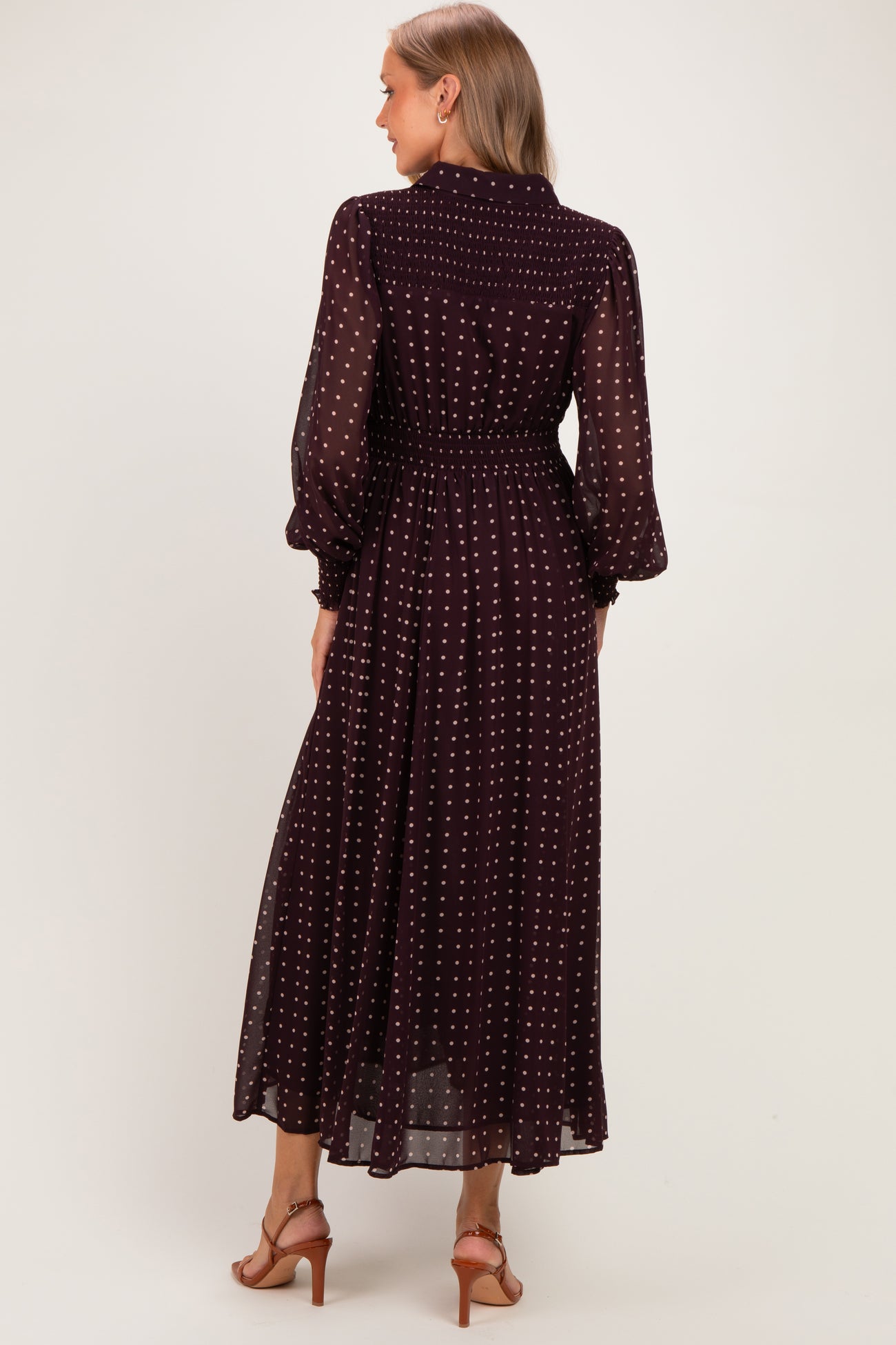 Burnt Mocha Polka Dot Chiffon Button Down Maternity Maxi Dress