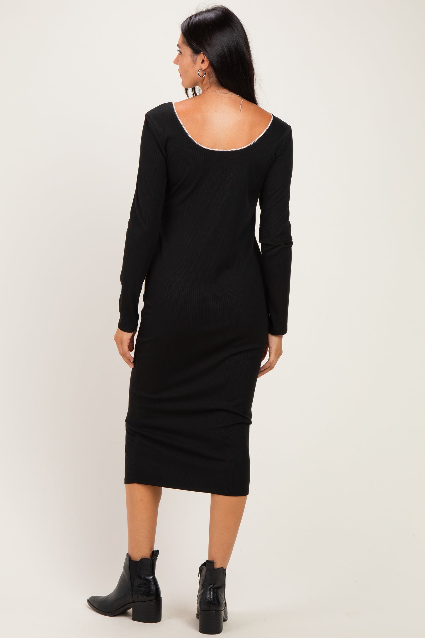 Black Ribbed Rosette Detail Midi Dress