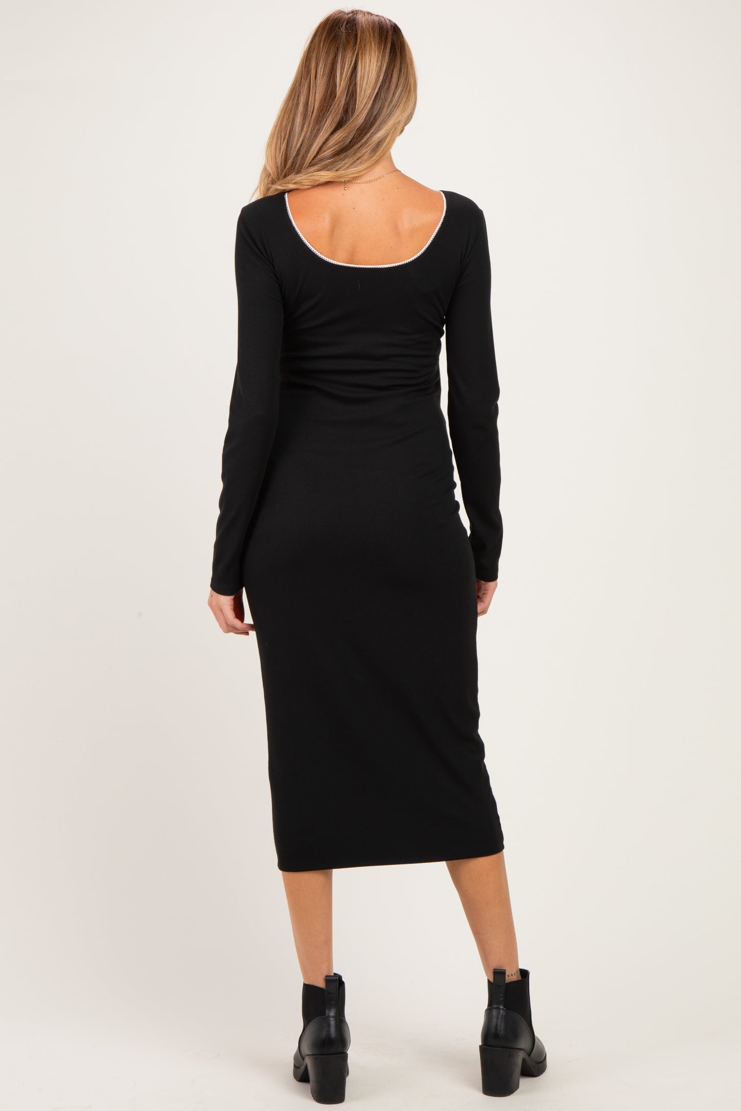 Black Ribbed Rosette Detail Maternity Midi Dress