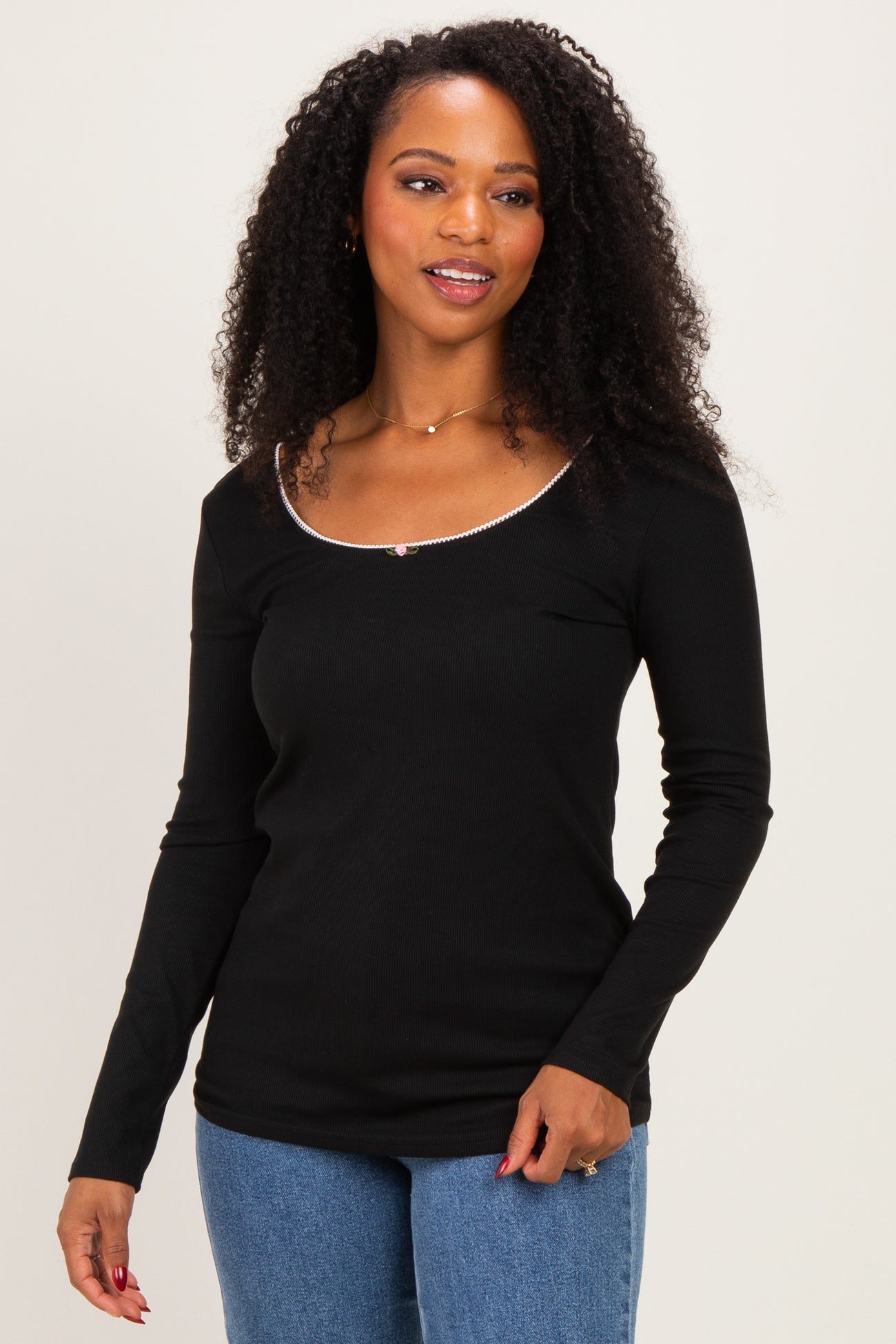 Black Ribbed Rosette Trim Detail Long Sleeve Top