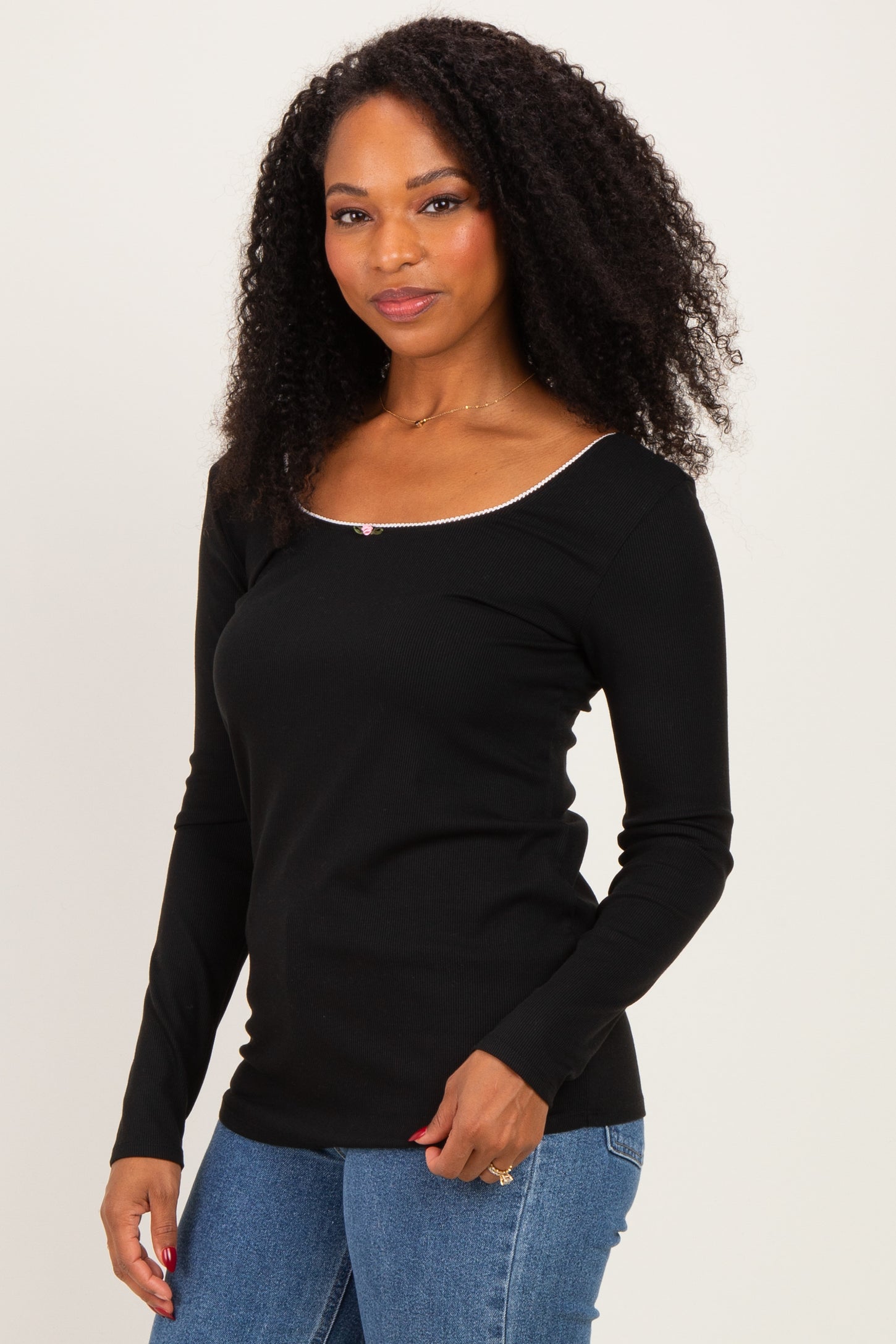 Black Ribbed Rosette Trim Detail Long Sleeve Top