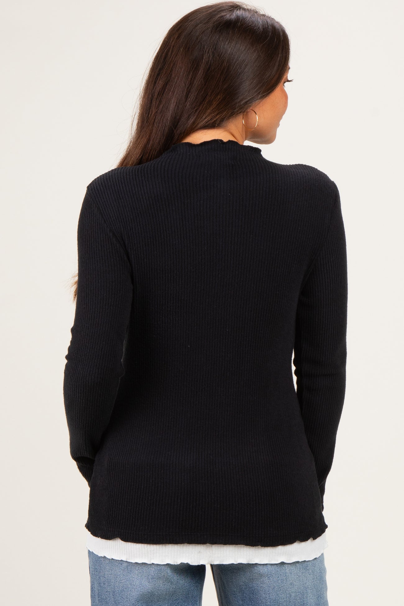 Black/White Maternity Mock Neck Ruffle Edge Long Sleeve Top