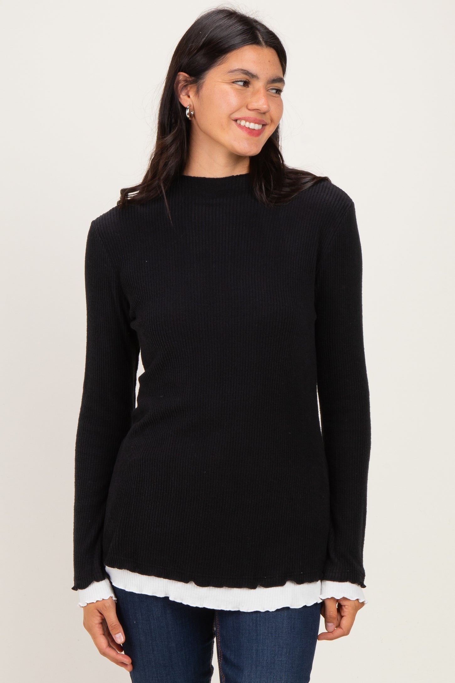 Black/White Maternity Mock Neck Ruffle Edge Long Sleeve Top