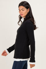 Black/White Mock Neck Ruffle Edge Long Sleeve Top