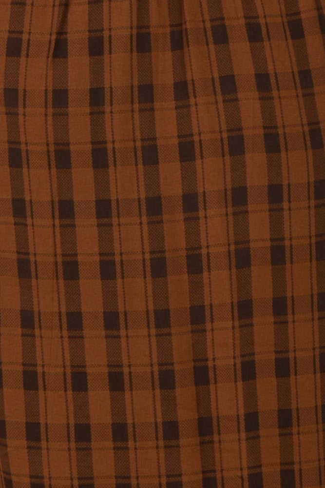 Brown Plaid Smocked Puff Sleeve Tiered Maternity Midi Dress