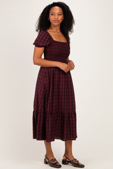 Burgundy Plaid Smocked Puff Sleeve Tiered Midi Dress