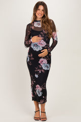 Black Floral Long Sleeve Mesh Maternity Midi Dress
