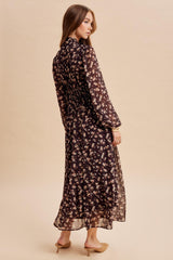 Burnt Mocha Floral Tie Neck Maxi Dress