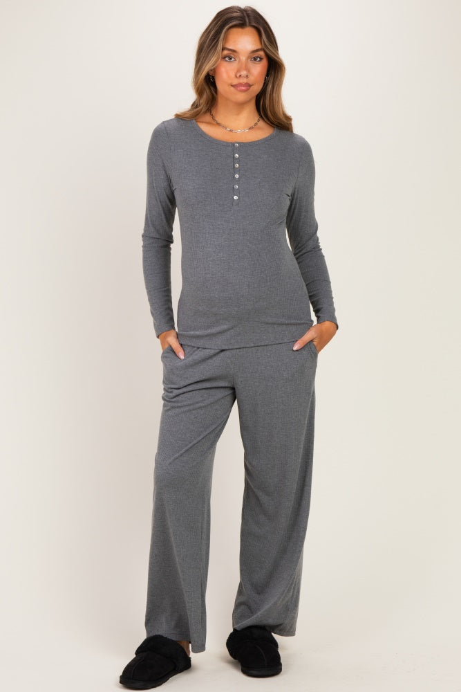 Charcoal Henley Wide Leg Pant Maternity Lounge Set