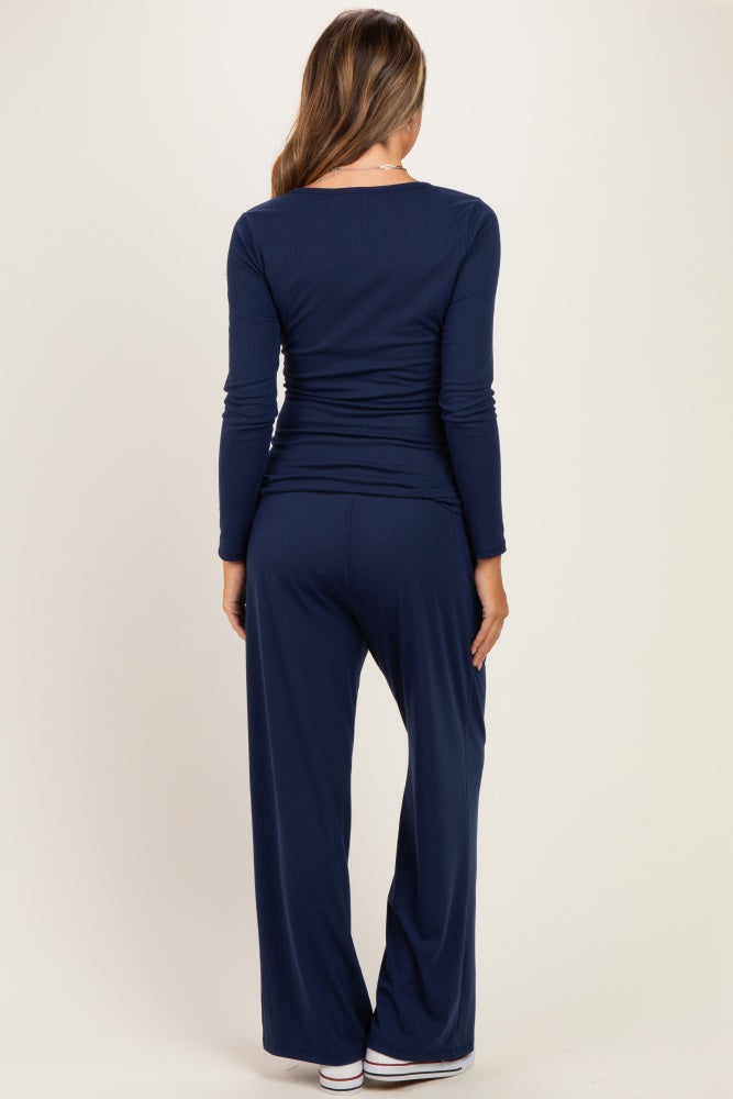 Navy Henley Wide Leg Pant Maternity Lounge Set