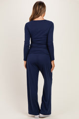 Navy Henley Wide Leg Pant Maternity Lounge Set