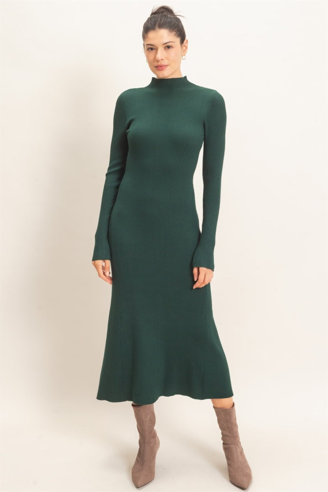 Hunter Green Ribbed Mock Neck Long Sleeve Midi Dress