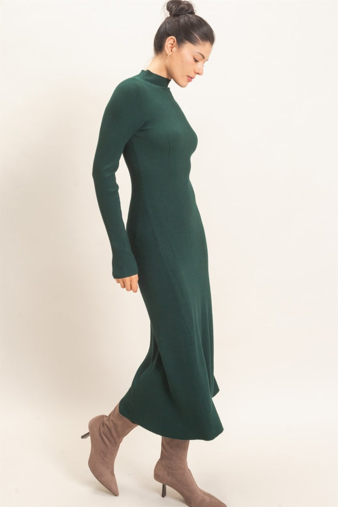 Hunter Green Ribbed Mock Neck Long Sleeve Midi Dress