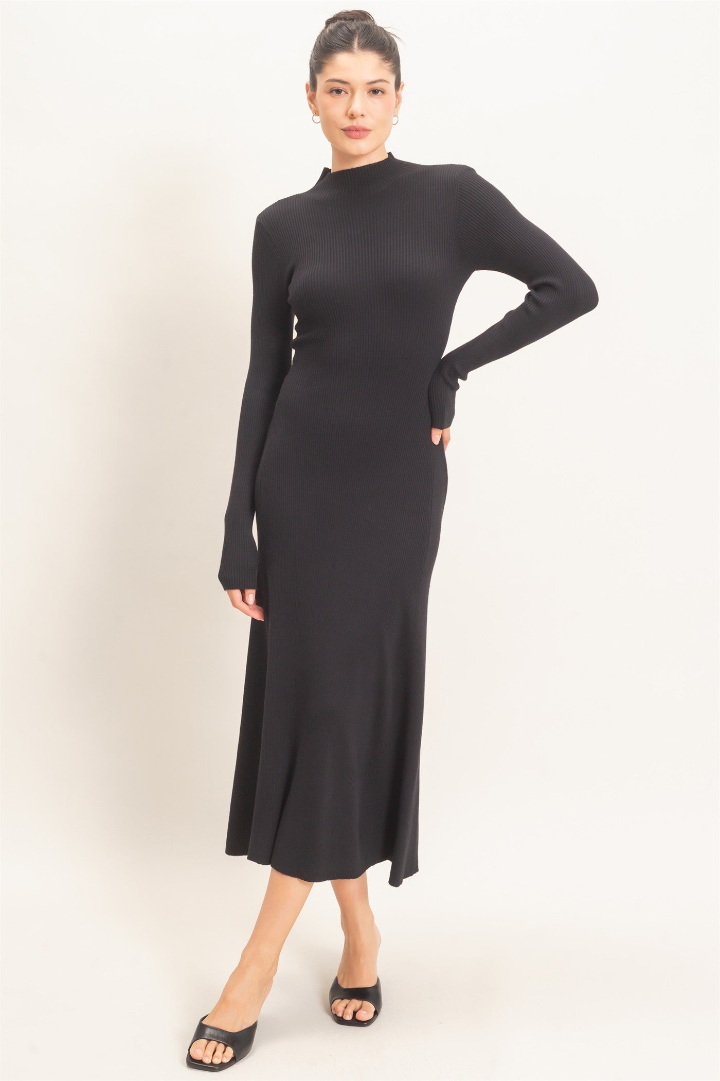 Black Ribbed Mock Neck Long Sleeve Midi Dress