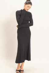 Black Ribbed Mock Neck Long Sleeve Midi Dress
